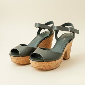 Marc Fisher Green Leather Cork Wedge Platform Sandals Ankle Strap Size 10M